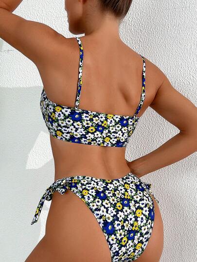 Swim طقم بيكيني طباعة صغيرة للنساء للصيف مع بطانة مثلثة مربوطة للشاطئ والاصطياف (طباعة عشوائية)