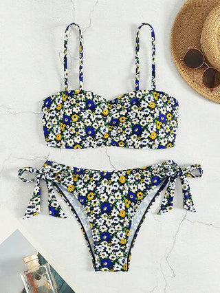 Swim طقم بيكيني طباعة صغيرة للنساء للصيف مع بطانة مثلثة مربوطة للشاطئ والاصطياف (طباعة عشوائية)