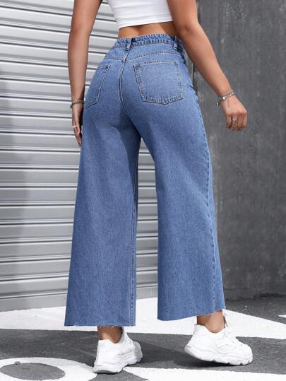 EZwear بنطلون جينز نسائي فضفاض عريض مريح مع جيوب
