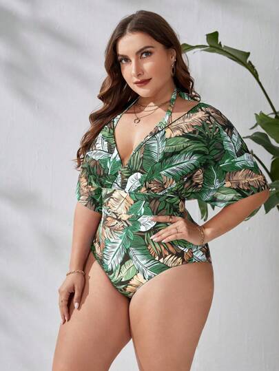 Swim Lushoire مايوه قطعة واحدة بأكمام قصيرة طيور ليلية مطبوعة بنمط النباتات الاستوائية لعطلة الصيف على الشاطئ مقاس زائد