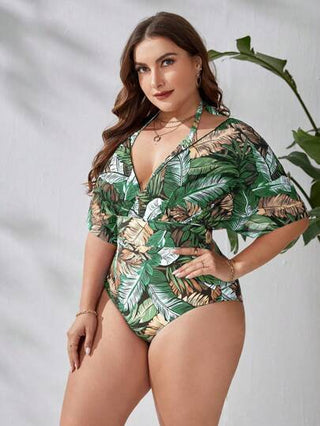 Swim Lushoire مايوه قطعة واحدة بأكمام قصيرة طيور ليلية مطبوعة بنمط النباتات الاستوائية لعطلة الصيف على الشاطئ مقاس زائد