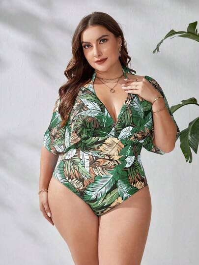 Swim Lushoire مايوه قطعة واحدة بأكمام قصيرة طيور ليلية مطبوعة بنمط النباتات الاستوائية لعطلة الصيف على الشاطئ مقاس زائد