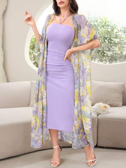 طقم حريمي قطعتين Modelyn مجموعة ملابس نسائية كاردجان وفستان حللر ضيق ذو طبعة زهور مناسب للصيف ، مكونة من قطعتين ملابس أنيقة