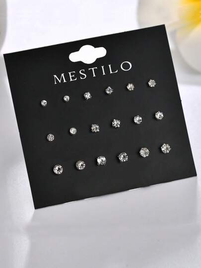 MESTILO أقراط دبوس كرة دائرية صغيرة رقيقة مزخرفة بحجر النحاسي 9 أزواج/مجموعة، مناسب للارتداء اليومي للنساءرمضان