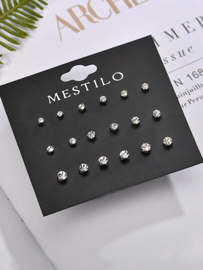 MESTILO أقراط دبوس كرة دائرية صغيرة رقيقة مزخرفة بحجر النحاسي 9 أزواج/مجموعة، مناسب للارتداء اليومي للنساءرمضان