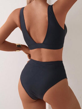 SHEIN Swim مجموعة من قطعتين من البكيني ذو الرقبة العميقة V للنساء، لون أحادي، قطع عالي، ملابس سباحة صيفية 2026