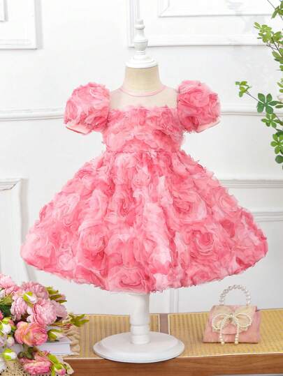 SHEIN Glamorique Kids فستان حفلة أطفال الأناث بأكمام منتفخة وردية بخامة مزخرفة بأزهار