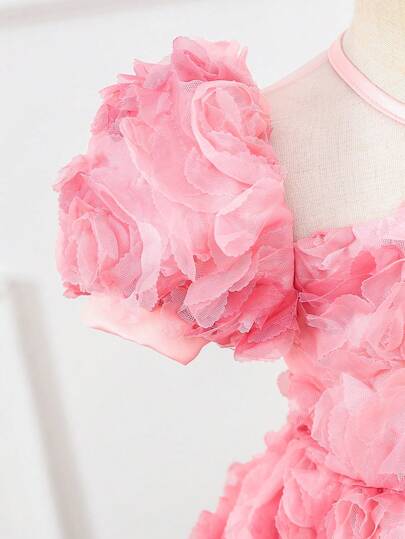 SHEIN Glamorique Kids فستان حفلة أطفال الأناث بأكمام منتفخة وردية بخامة مزخرفة بأزهار