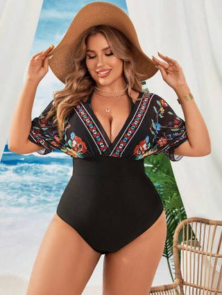 Swim Lushoire بدلة سباحة مطبوعة بأزهار للنساء بمقاسات كبيرة ظهر مكشوف بحزام للصيف على الشاطئ