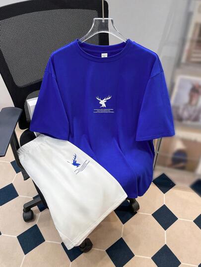 SHEIN مجموعة ملابس علوية مريحة بأكمام قصيرة وسراويل واسعة مناسبة للفتى المراهق بنمط الغزال، ربيع / صيف