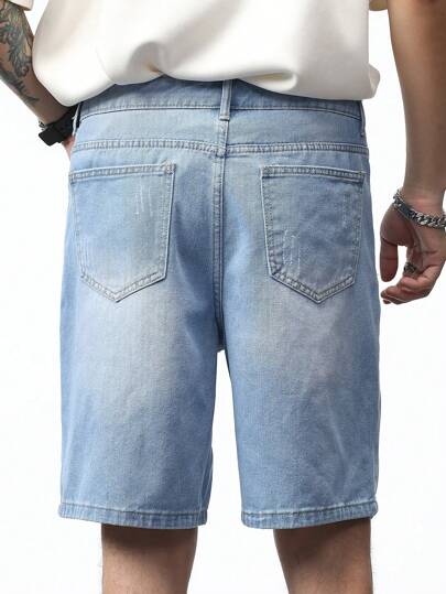 Manfinity Homme شورتات ذكور كاجوال بيرمودا من الجينز بجيوب مدمجة، شورتات جينز سادة واسعة لون أزرق فاتح، هدايا لزوج أو صديق