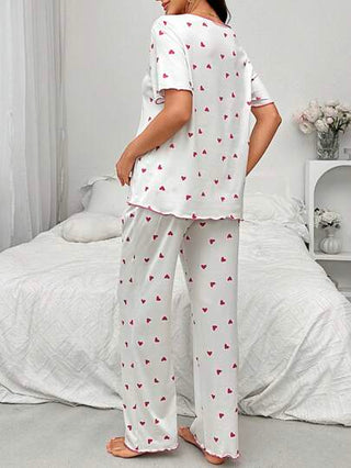 Shein Underwear&Sleepwear Maternity طقم بيجاما حمل مطبوع قلب مع ربطة عنق، ملابس علوية قصيرة الأكمام وشورت