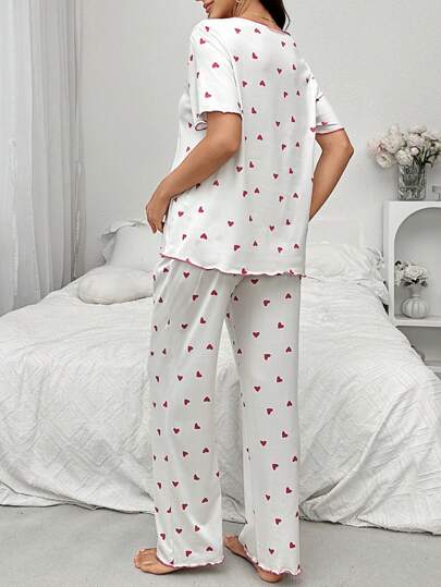 Shein Underwear&Sleepwear Maternity طقم بيجاما حمل مطبوع قلب مع ربطة عنق، ملابس علوية قصيرة الأكمام وشورت