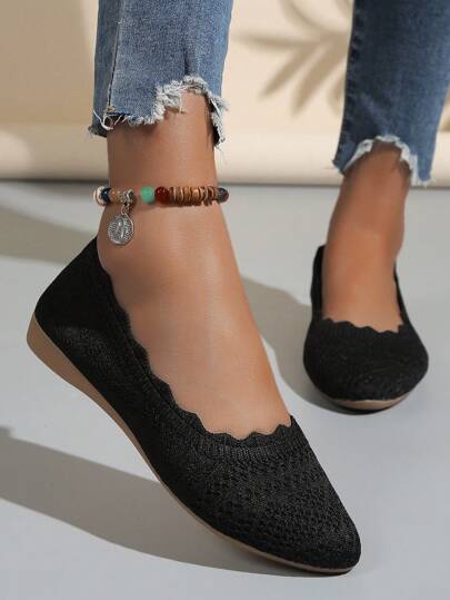 حذاء نسائي مسامي من الشبك لخريف 2025، بتصميم كروشيه بأصبع قدم مدبب وبطانة ناعمة، حذاء باليه مسطح بدون كعب
