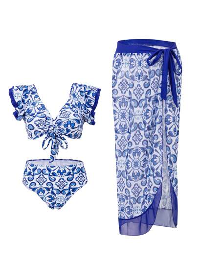 Swim Vcay طقم بيكيني مزين بطبعات الزهور للنساء مع حواف مرتبة وتنورة غطاء متطابقة (طباعة عشوائية) للصيف