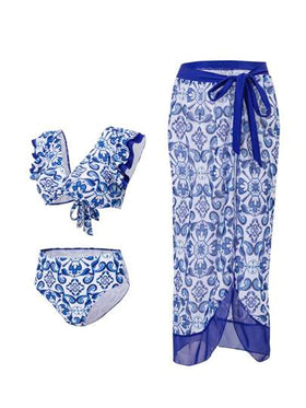 Swim Vcay طقم بيكيني مزين بطبعات الزهور للنساء مع حواف مرتبة وتنورة غطاء متطابقة (طباعة عشوائية) للصيف