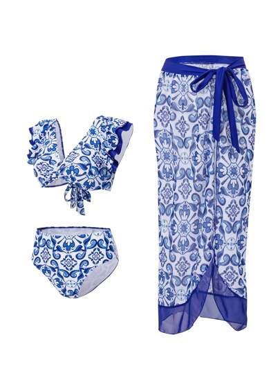 Swim Vcay طقم بيكيني مزين بطبعات الزهور للنساء مع حواف مرتبة وتنورة غطاء متطابقة (طباعة عشوائية) للصيف