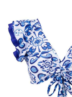 Swim Vcay طقم بيكيني مزين بطبعات الزهور للنساء مع حواف مرتبة وتنورة غطاء متطابقة (طباعة عشوائية) للصيف