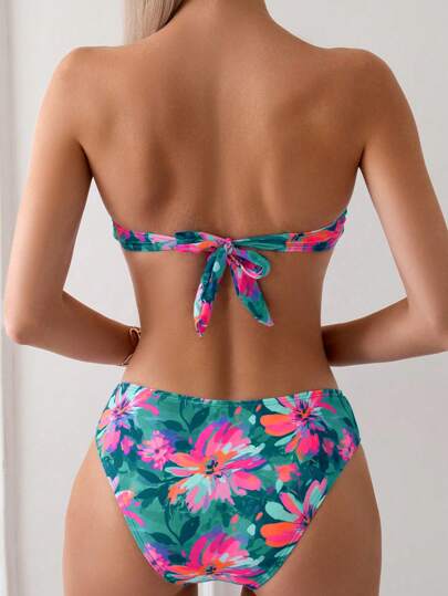 Swim Vcay طقم بكيني بطباعة زهرية للعطلات للنساء، توب بانديو مع وصلة دائرية، طقم بكيني قطعتين مثير، شاطئ صيفي