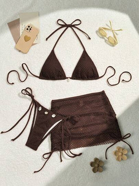 SHEIN Swim مجموعة بكيني جذابة مكونة من برو و سروال سباحة بلون سادة و ربطة عنق للنساء مع تنورة غطاء جذابة، 3 قطع، ملابس السباحة الصيفية للشاطئ