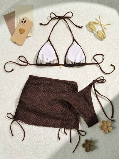 SHEIN Swim مجموعة بكيني جذابة مكونة من برو و سروال سباحة بلون سادة و ربطة عنق للنساء مع تنورة غطاء جذابة، 3 قطع، ملابس السباحة الصيفية للشاطئ