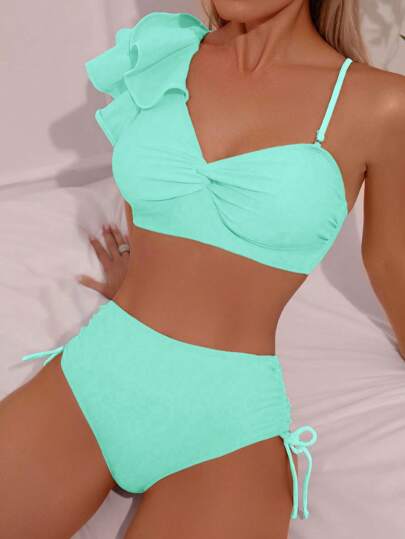 SHEIN Swim طقم بكيني بتصميم مقطع باللون الأحادي مع رُيش، طقم بكيني منفصل بتصميم لف للعطلة، الشاطئ الصيفي