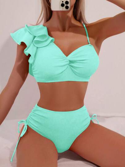 SHEIN Swim طقم بكيني بتصميم مقطع باللون الأحادي مع رُيش، طقم بكيني منفصل بتصميم لف للعطلة، الشاطئ الصيفي