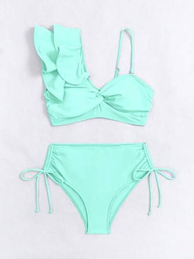 SHEIN Swim طقم بكيني بتصميم مقطع باللون الأحادي مع رُيش، طقم بكيني منفصل بتصميم لف للعطلة، الشاطئ الصيفي