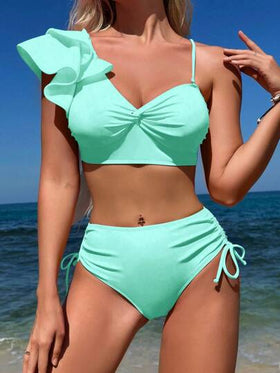 SHEIN Swim طقم بكيني بتصميم مقطع باللون الأحادي مع رُيش، طقم بكيني منفصل بتصميم لف للعطلة، الشاطئ الصيفي