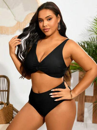 Slaydiva مجموعة بيكيني من قطعتين جذابة للسيدات ذوات المقاسات الكبيرة بتفاصيل ملتوية باللون الصلب للعطلة