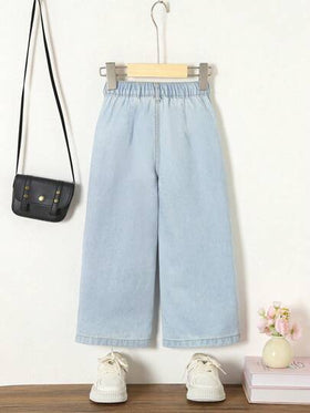 SHEIN Vintaside Kids سروال جينز خفيف وبتصميم فضفاض للفتيات الصغيرات لإطلالة عارضة خلال العطلات