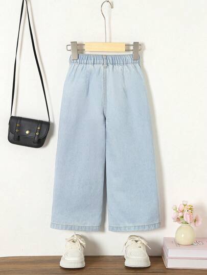 SHEIN Vintaside Kids سروال جينز خفيف وبتصميم فضفاض للفتيات الصغيرات لإطلالة عارضة خلال العطلات