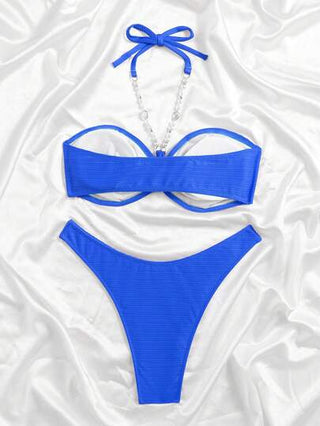 Swim مجموعة بيكيني موحد اللون نسائية مع ديكور خرز صناعي، حمالة رقبة على شكل حلقة وقصة جذابة، مناسبة للإجازات