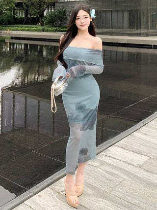 فساتين حريمي DAZY فستان طويل الأكمام بياقة منحرفة وطبعات، أنيق، متماسك بالجسم ومصنوع من الشبك للنساء