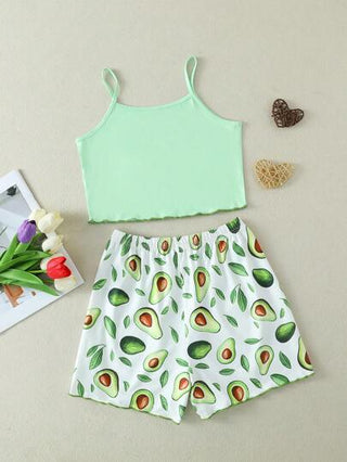 بيجاما مجموعة ملابس منزلية عارضة للبنات المراهقات مكونة من ملابس علوية تانك مطبوع بالأفوكادو بسيط مع شورت 2 قطعة