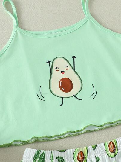 بيجاما مجموعة ملابس منزلية عارضة للبنات المراهقات مكونة من ملابس علوية تانك مطبوع بالأفوكادو بسيط مع شورت 2 قطعة