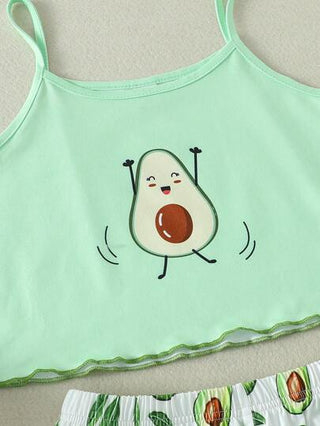 بيجاما مجموعة ملابس منزلية عارضة للبنات المراهقات مكونة من ملابس علوية تانك مطبوع بالأفوكادو بسيط مع شورت 2 قطعة