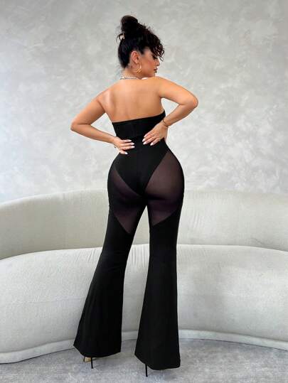 SHEIN SXY فستان أسود سراويل فضفاضة شفافة مخرمة للنساء في الصيف، بنطلون واحد قطعة مفرغ