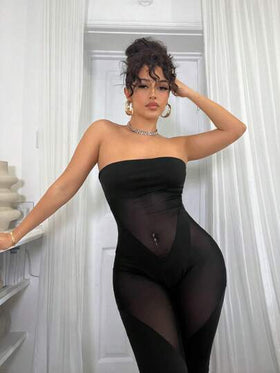 SHEIN SXY فستان أسود سراويل فضفاضة شفافة مخرمة للنساء في الصيف، بنطلون واحد قطعة مفرغ