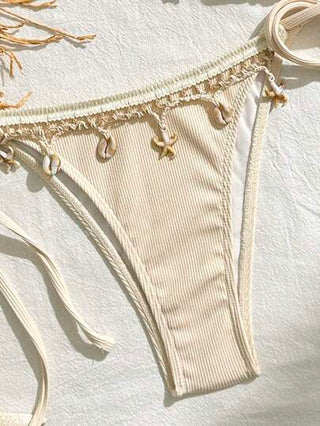 Bikinx مجموعة بكيني لتزيين المثلث من قطعتين للنساء مع ربطة شريط ذات موحد اللون والخياطة والصدف للعطلة الصيفية والشاطئ