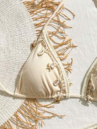 Bikinx مجموعة بكيني لتزيين المثلث من قطعتين للنساء مع ربطة شريط ذات موحد اللون والخياطة والصدف للعطلة الصيفية والشاطئ