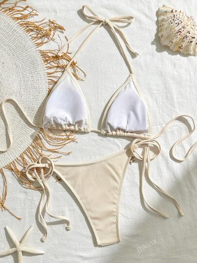 Bikinx مجموعة بكيني لتزيين المثلث من قطعتين للنساء مع ربطة شريط ذات موحد اللون والخياطة والصدف للعطلة الصيفية والشاطئ