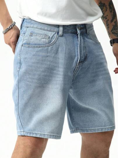 Manfinity Homme شورت جينز رجالي بقياس كبير مناسب لجميع الأوقات لون أزرق فاتح عادي بقَصَّة فضفاضة ورديئة للعمل
