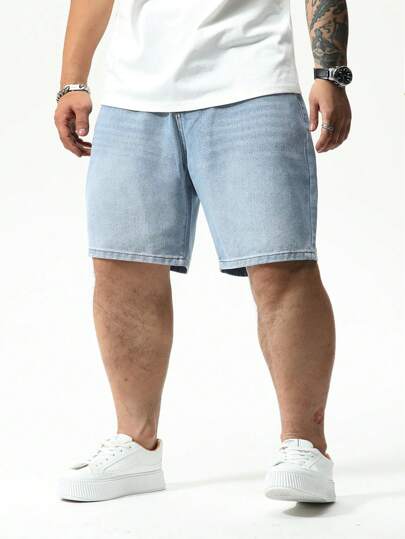Manfinity Homme شورت جينز رجالي بقياس كبير مناسب لجميع الأوقات لون أزرق فاتح عادي بقَصَّة فضفاضة ورديئة للعمل