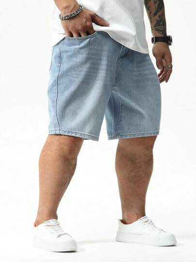 Manfinity Homme شورت جينز رجالي بقياس كبير مناسب لجميع الأوقات لون أزرق فاتح عادي بقَصَّة فضفاضة ورديئة للعمل