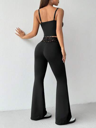 EZwear مجموعة ملابس علوية تانك توب وبنطلون باساور منتفخ بلون صلب وتفصيل دانتيل متقاطع للصيف