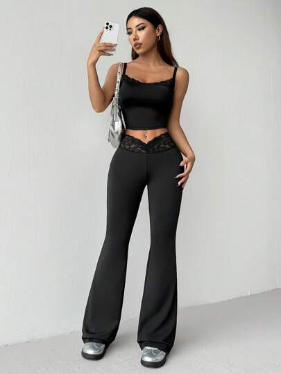 EZwear مجموعة ملابس علوية تانك توب وبنطلون باساور منتفخ بلون صلب وتفصيل دانتيل متقاطع للصيف