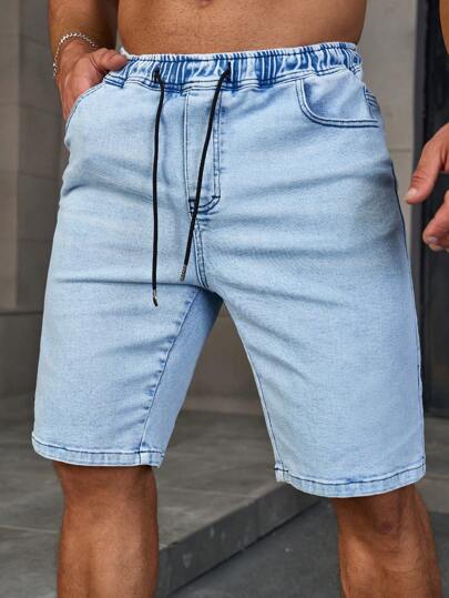 Manfinity Homme شورت جينز برمودا رجالي عشوائي مع رباط خصر وجيوب، لون أزرق فاتح عادي للعمل والأساسيات اليومية