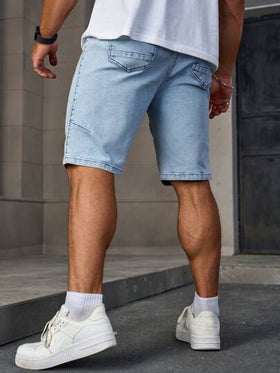 Manfinity Homme شورت جينز برمودا رجالي عشوائي مع رباط خصر وجيوب، لون أزرق فاتح عادي للعمل والأساسيات اليومية