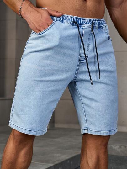 Manfinity Homme شورت جينز برمودا رجالي عشوائي مع رباط خصر وجيوب، لون أزرق فاتح عادي للعمل والأساسيات اليومية